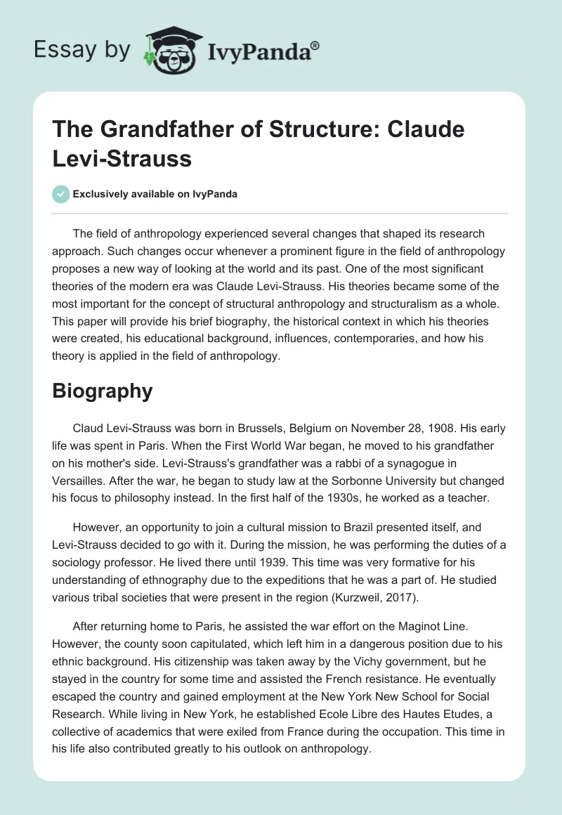 The Grandfather of Structure: Claude Levi-Strauss. Page 1