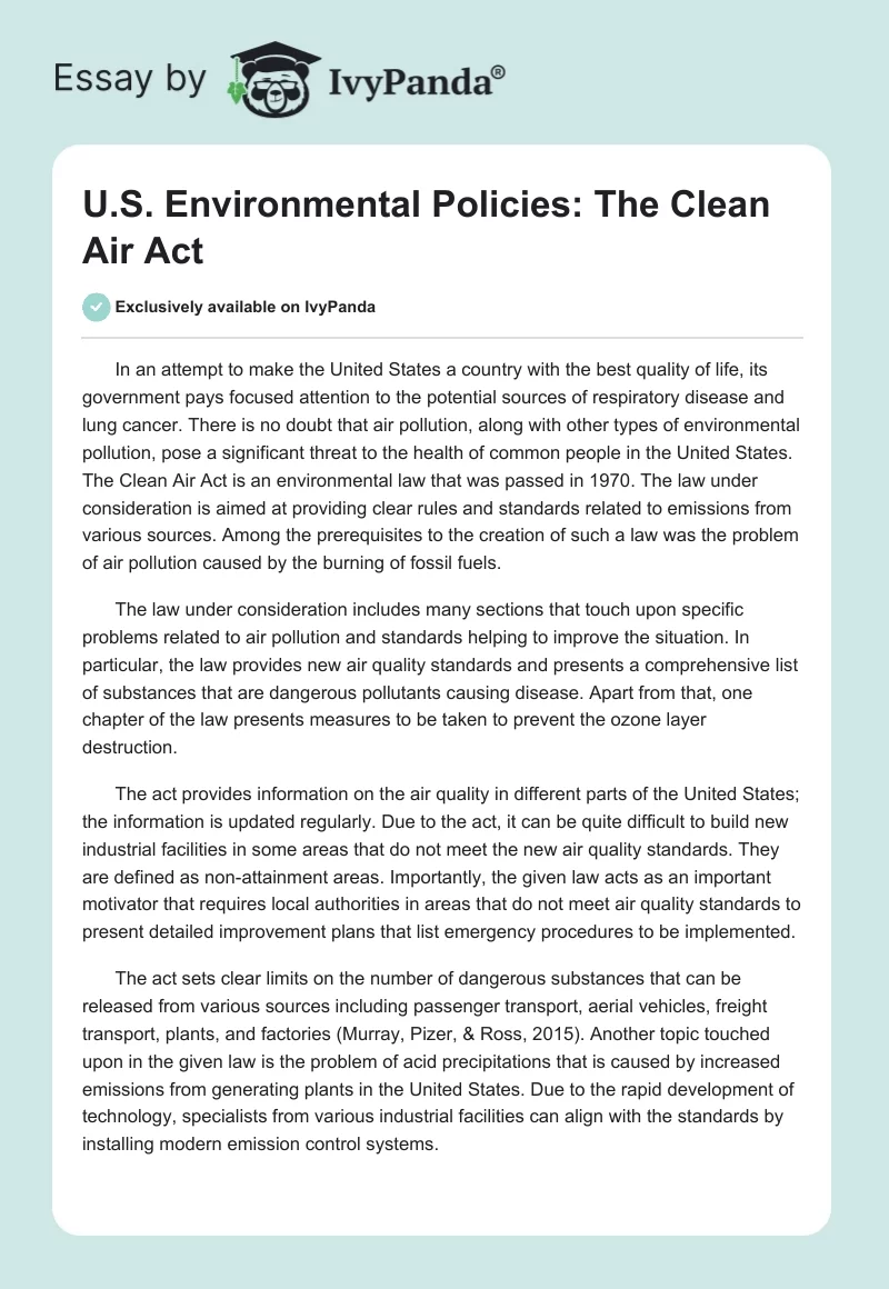 U.S. Environmental Policies: The Clean Air Act. Page 1