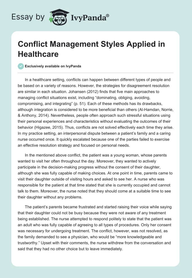 Conflict Management Styles Applied in Healthcare. Page 1
