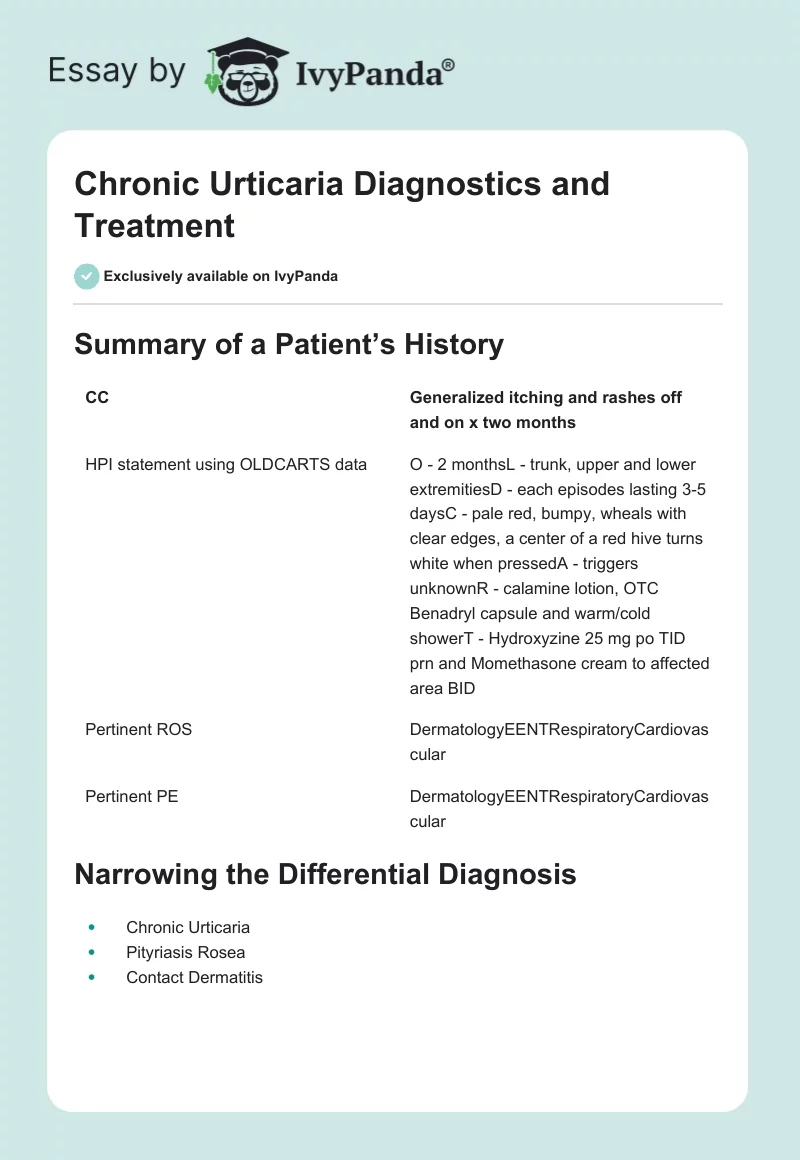 Chronic Urticaria Diagnostics and Treatment. Page 1