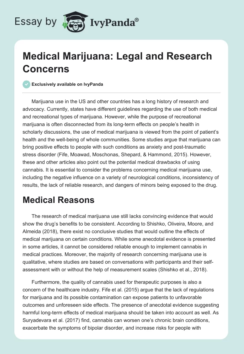 Medical Marijuana: Legal and Research Concerns. Page 1