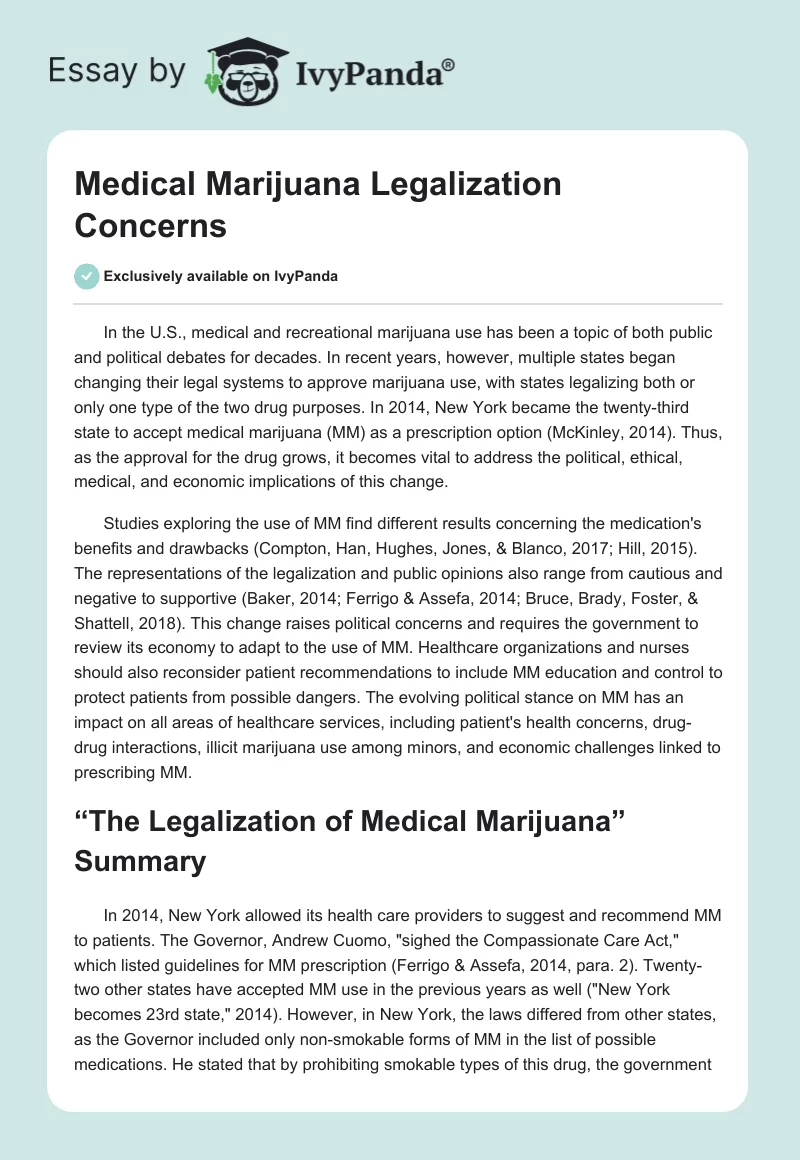Medical Marijuana Legalization Concerns. Page 1