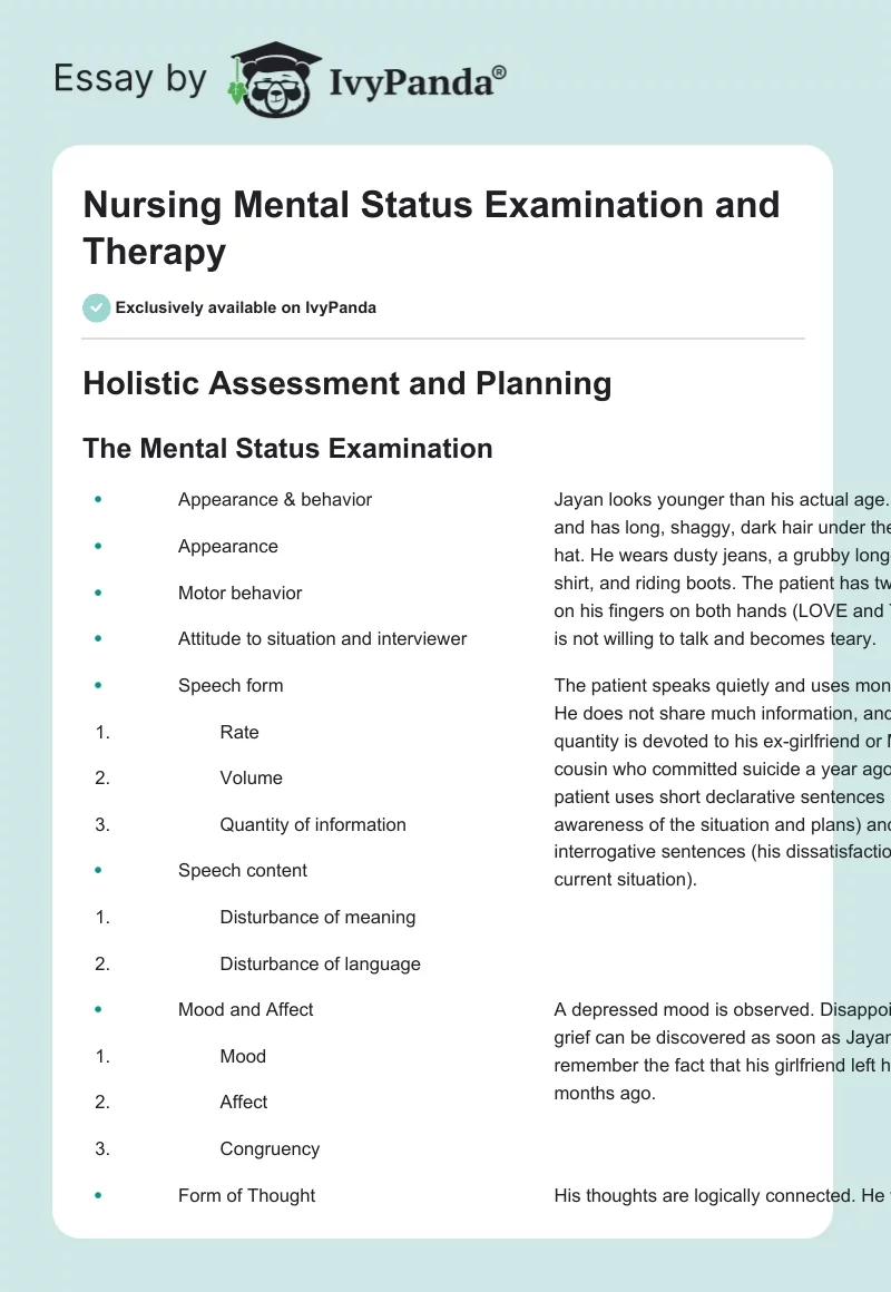 Nursing Mental Status Examination and Therapy. Page 1