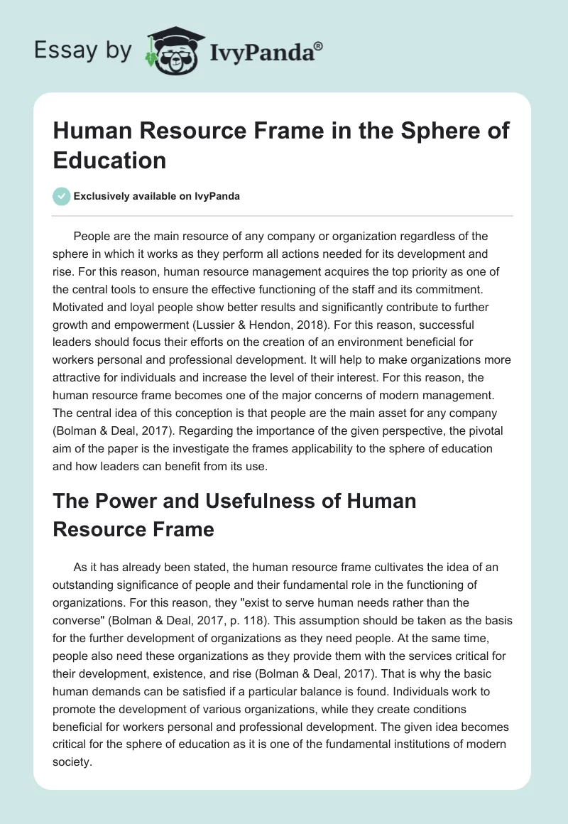 Human Resource Frame in the Sphere of Education. Page 1