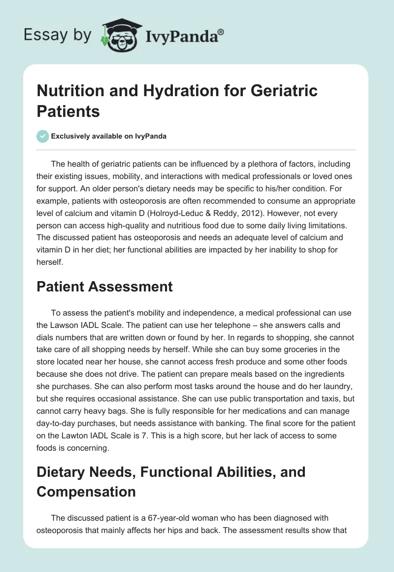 Nutrition and Hydration for Geriatric Patients. Page 1