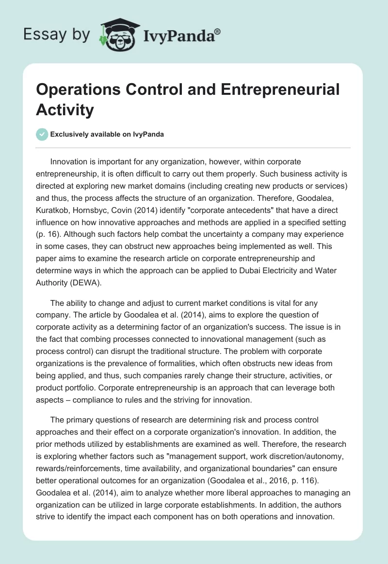 Operations Control and Entrepreneurial Activity. Page 1
