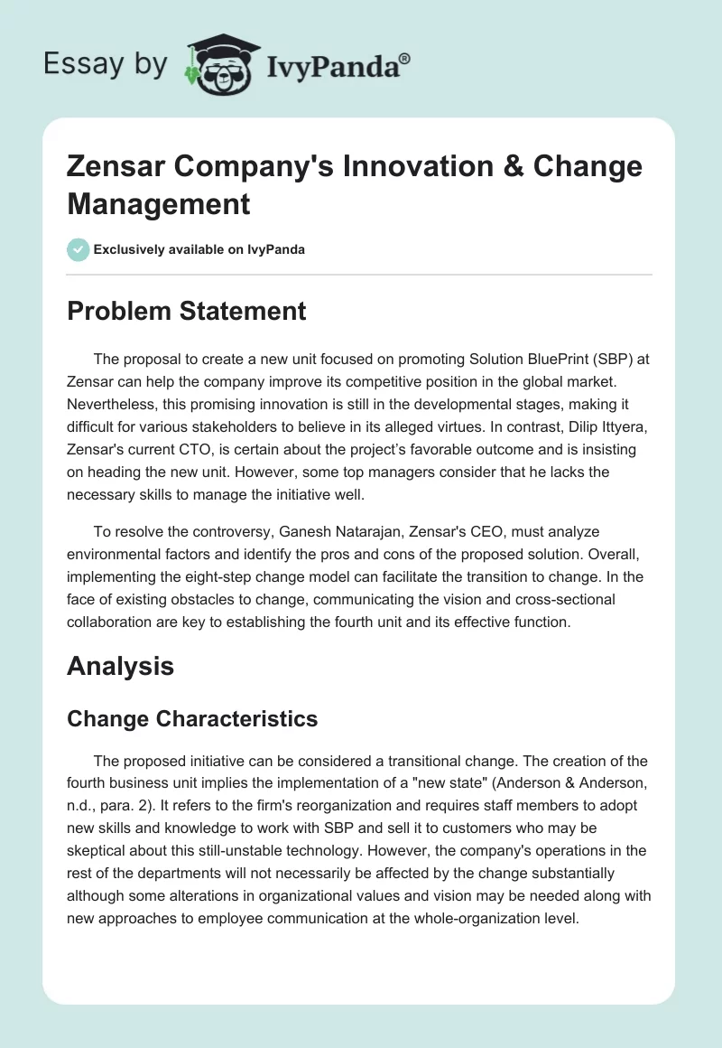 Zensar Company's Innovation & Change Management. Page 1