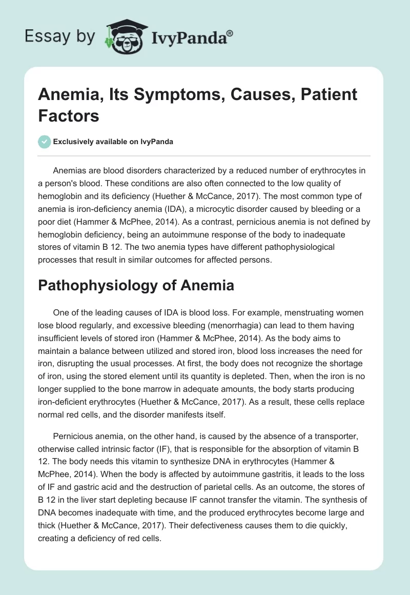 Anemia, Its Symptoms, Causes, Patient Factors. Page 1