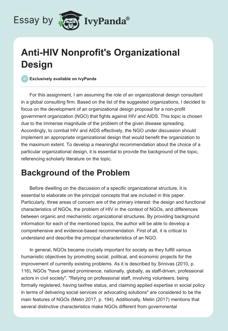Anti-HIV Nonprofit's Organizational Design. Page 1