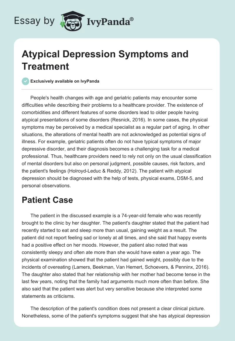 Atypical Depression Symptoms and Treatment. Page 1