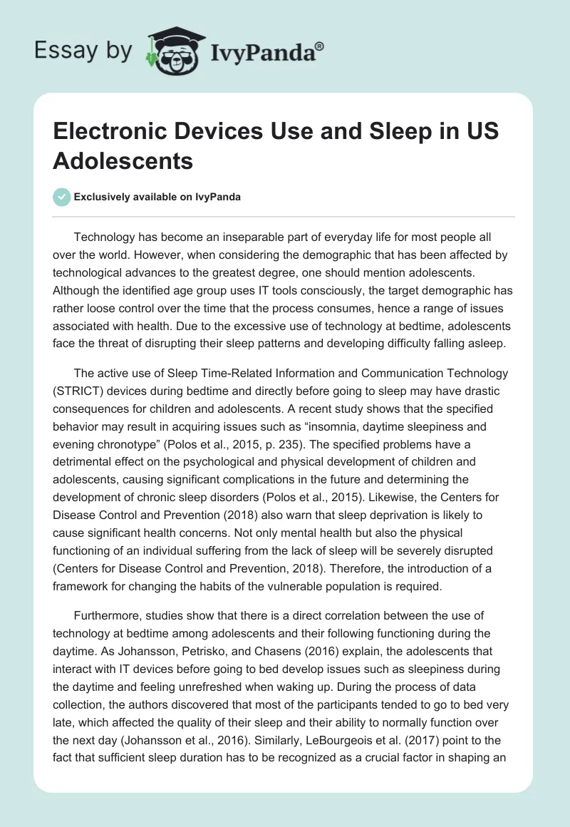 Electronic Devices Use and Sleep in US Adolescents. Page 1