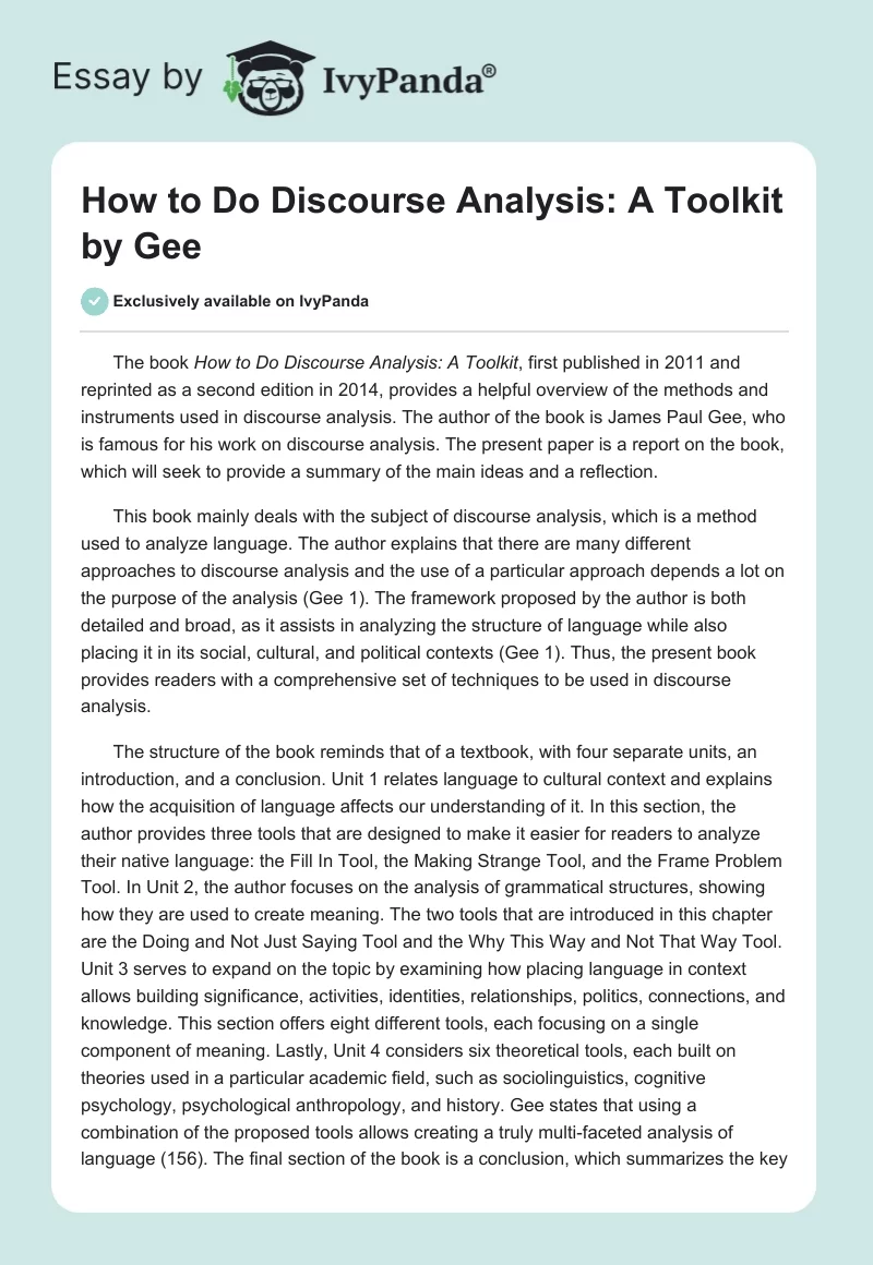 "How to Do Discourse Analysis: A Toolkit" by Gee. Page 1