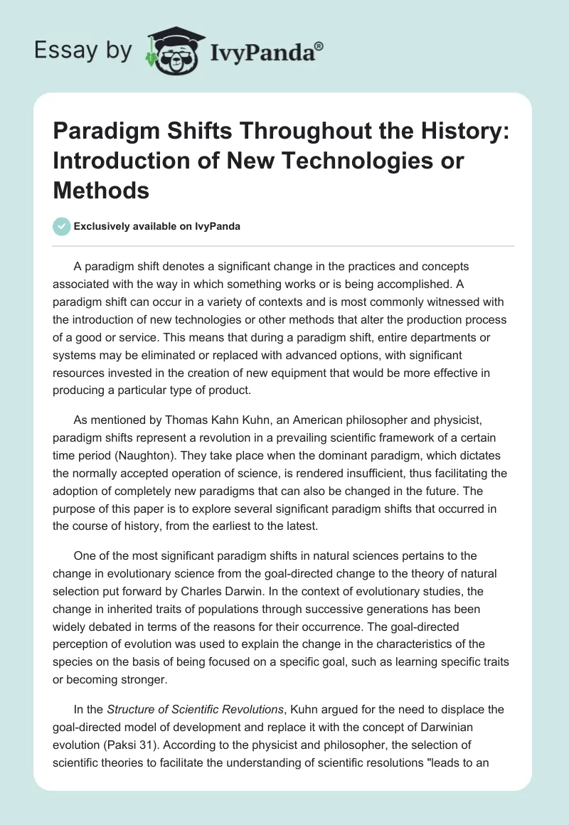 Paradigm Shifts Throughout the History: Introduction of New Technologies or Methods. Page 1