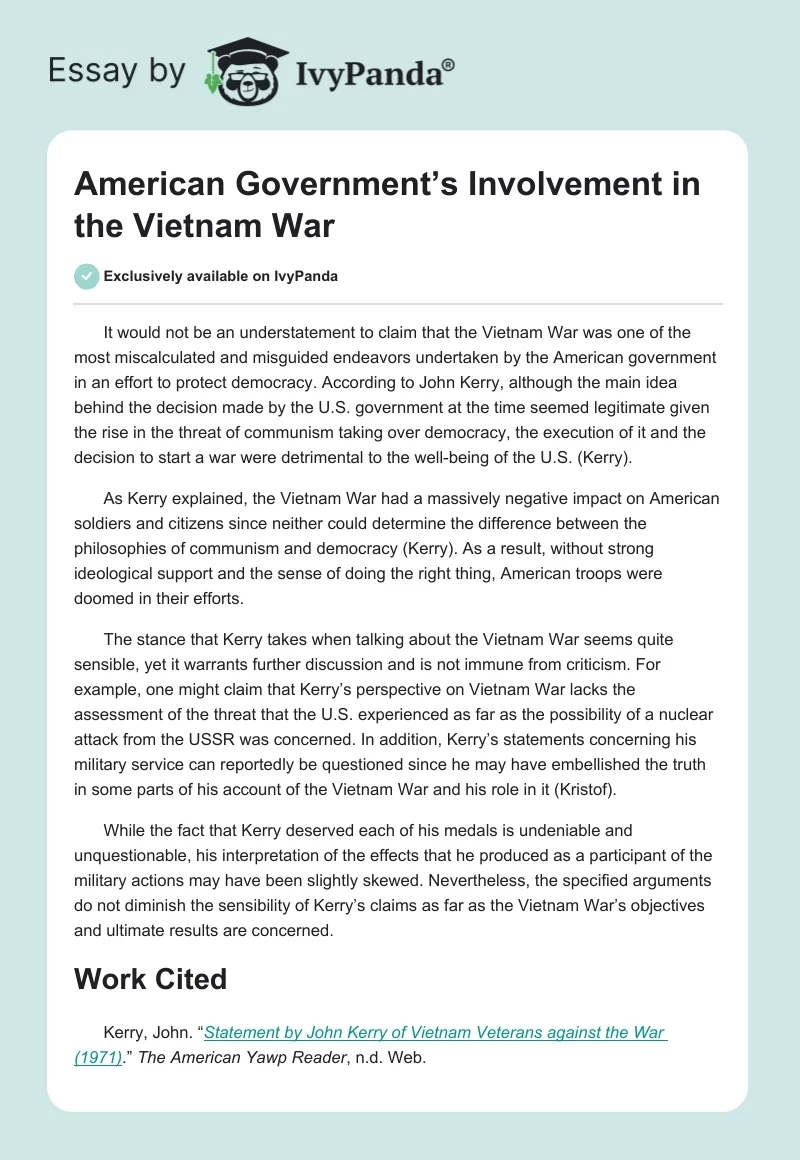 American Government’s Involvement in the Vietnam War. Page 1