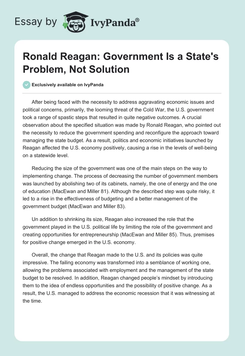 Ronald Reagan: Government Is a State's Problem, Not Solution. Page 1