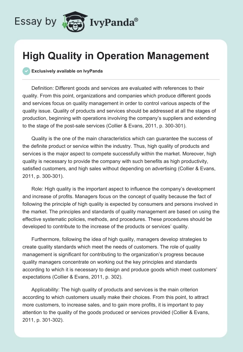 High Quality in Operation Management. Page 1