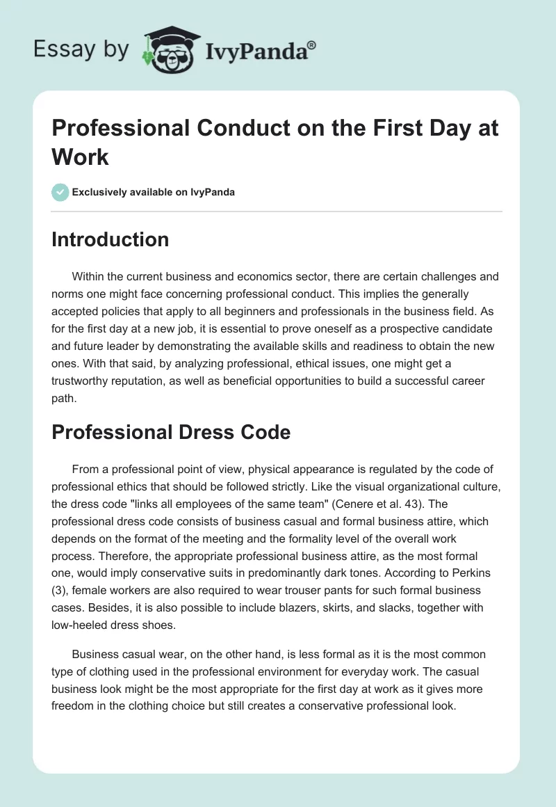 Professional Conduct on the First Day at Work. Page 1