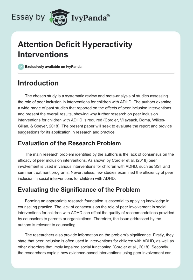 Attention Deficit Hyperactivity Interventions. Page 1
