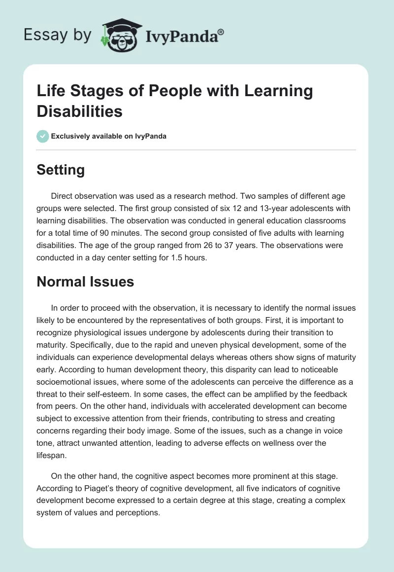 Life Stages of People with Learning Disabilities. Page 1
