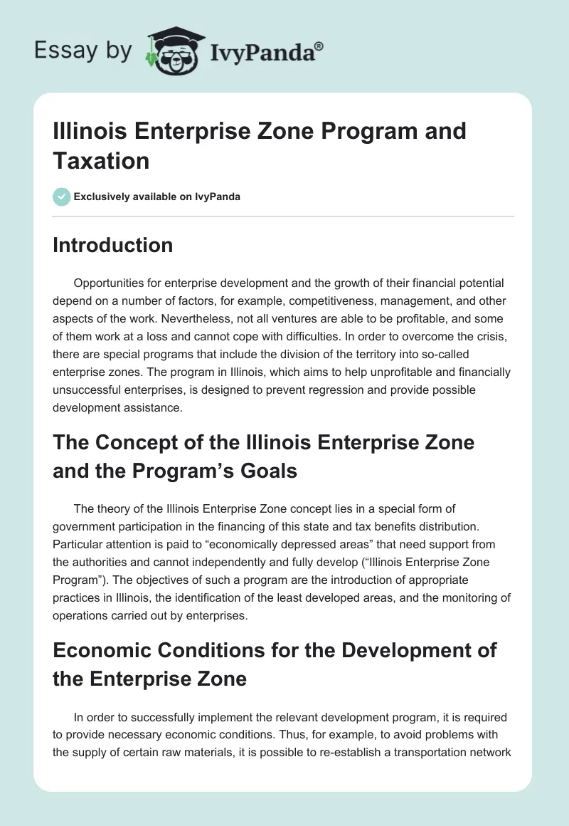 Illinois Enterprise Zone Program and Taxation. Page 1