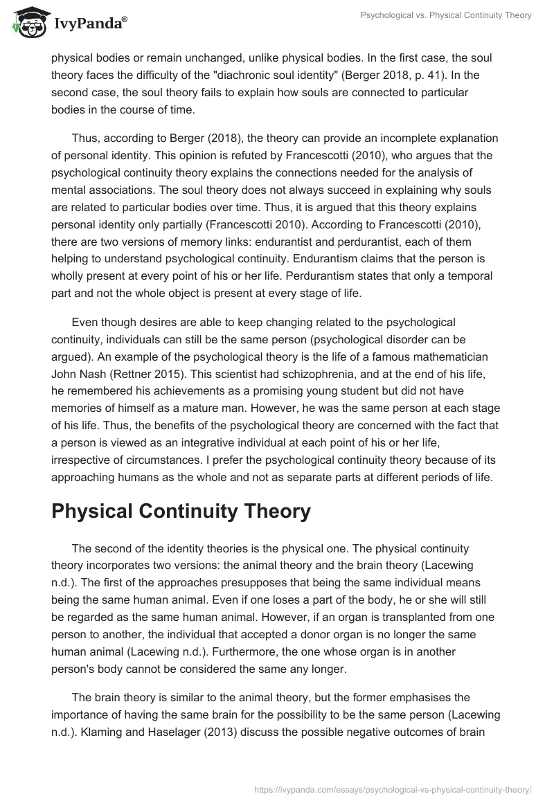 Psychological vs. Physical Continuity Theory. Page 2