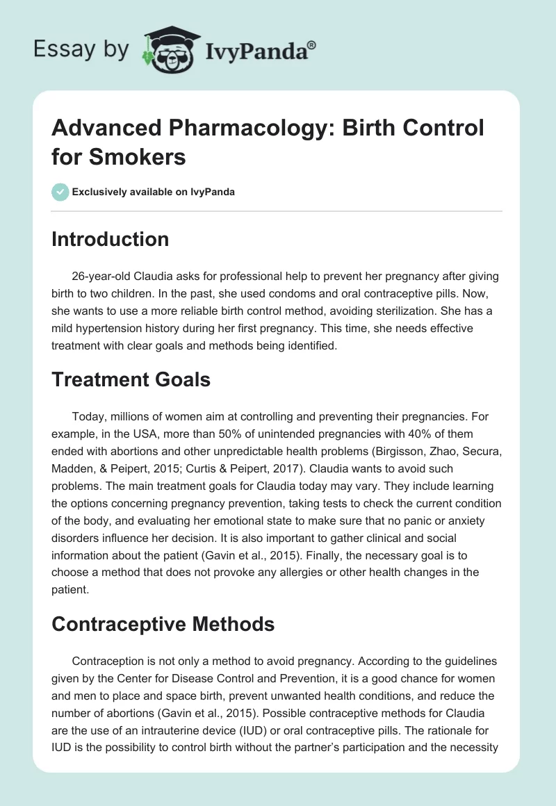 Advanced Pharmacology: Birth Control for Smokers. Page 1