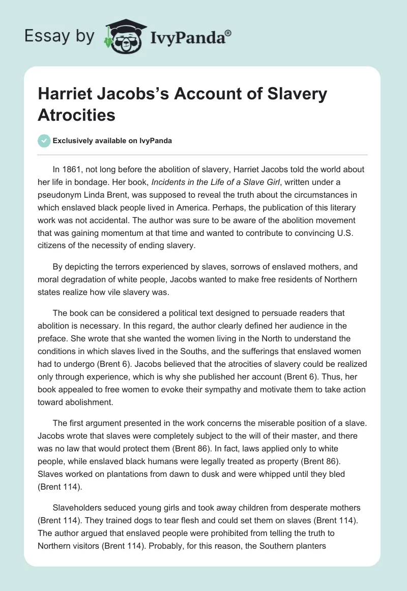 Harriet Jacobs’s Account of Slavery Atrocities. Page 1