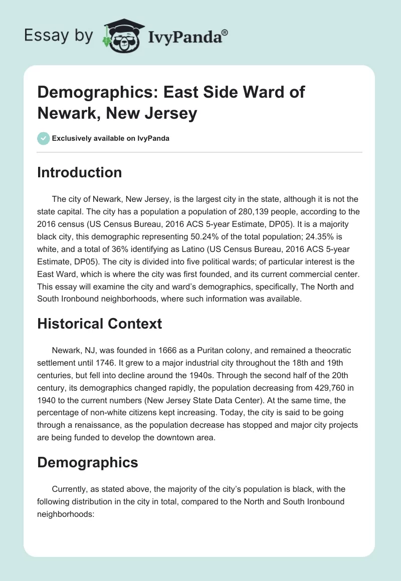 Demographics: East Side Ward of Newark, New Jersey. Page 1