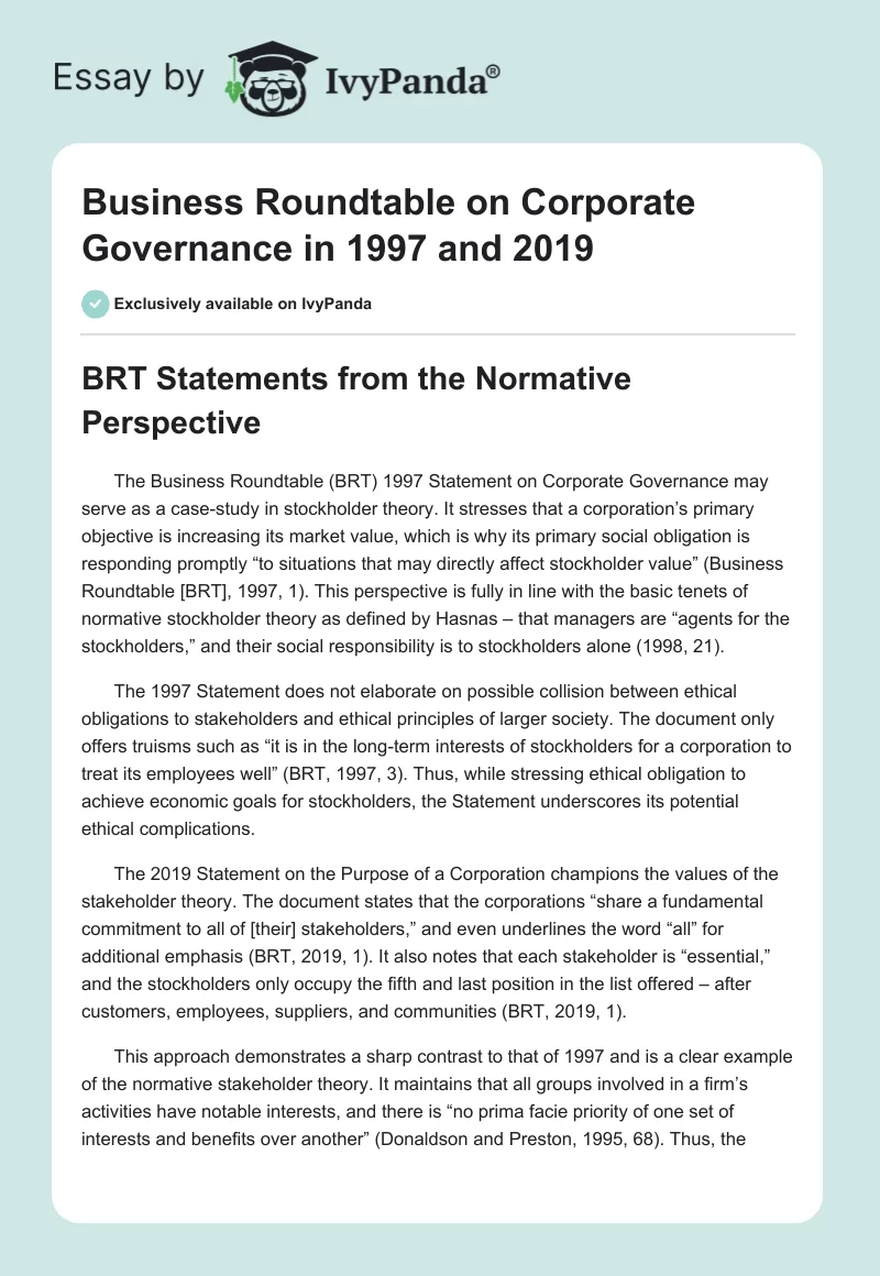 Business Roundtable on Corporate Governance in 1997 and 2019. Page 1
