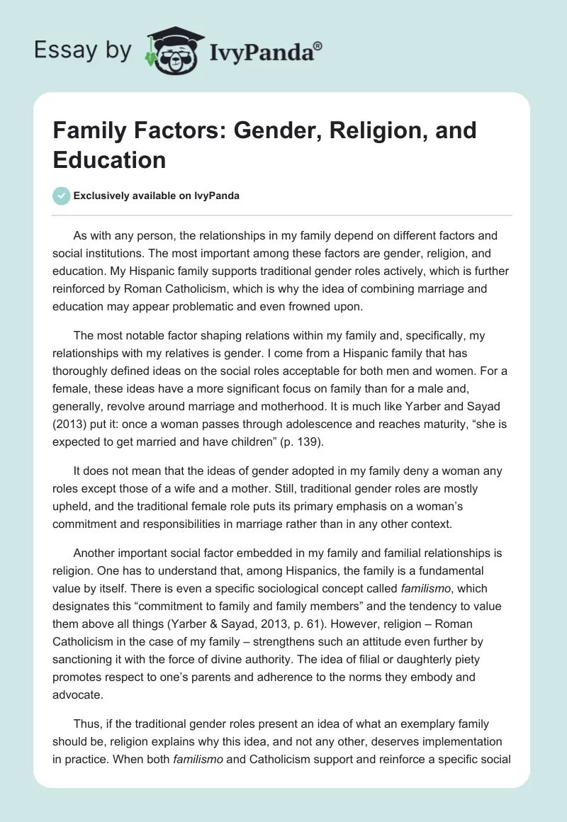 Family Factors: Gender, Religion, and Education. Page 1