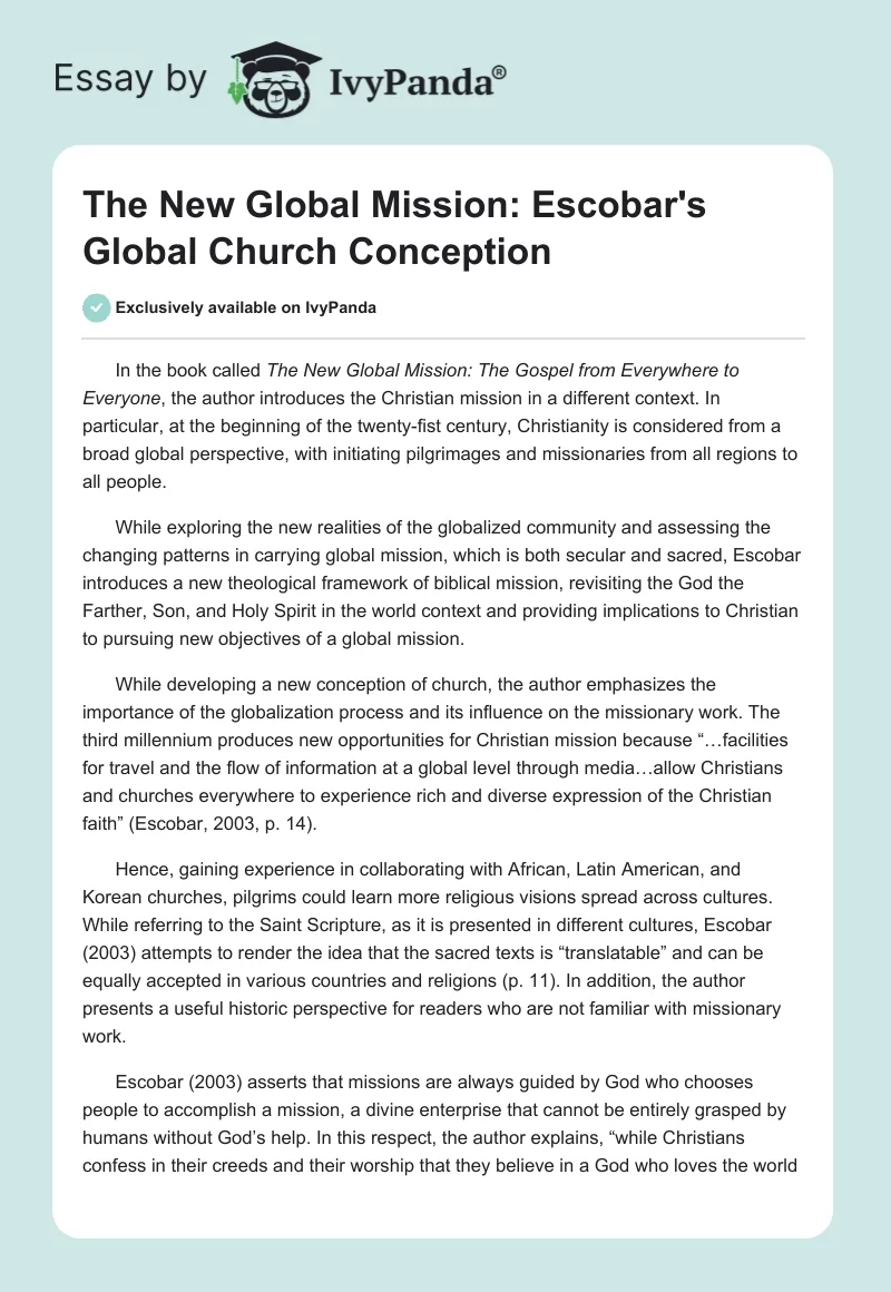 The New Global Mission: Escobar's Global Church Conception. Page 1