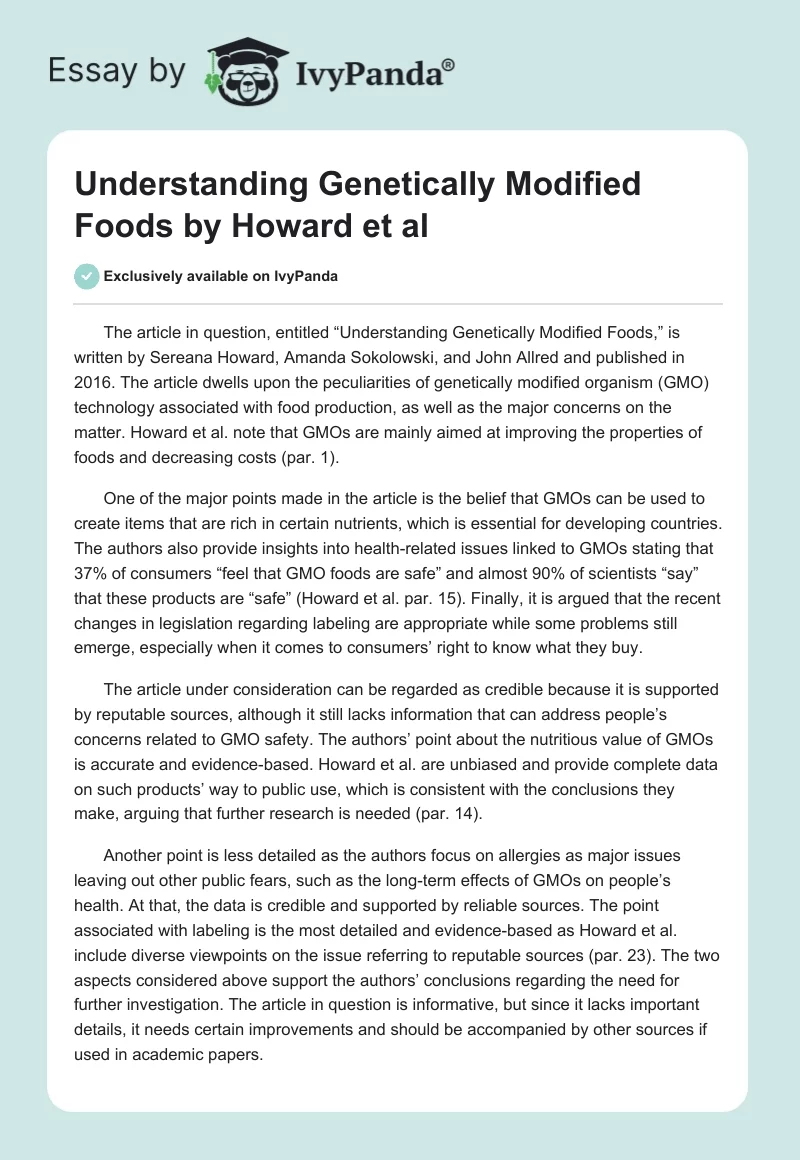 Understanding Genetically Modified Foods by Howard et al.. Page 1