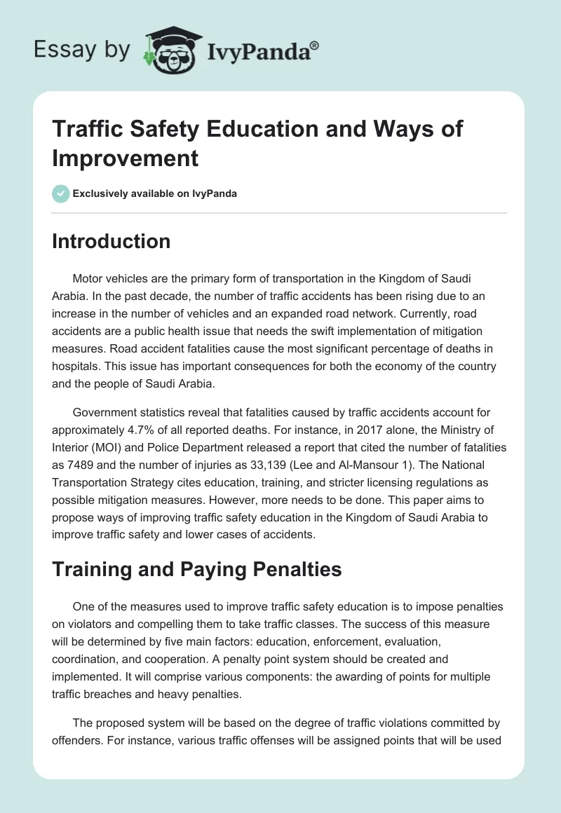 Traffic Safety Education and Ways of Improvement. Page 1