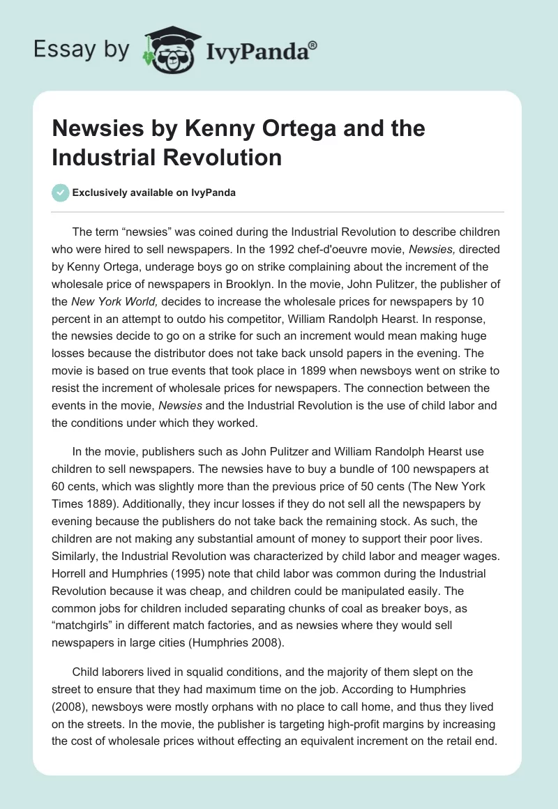 "Newsies" by Kenny Ortega and the Industrial Revolution. Page 1