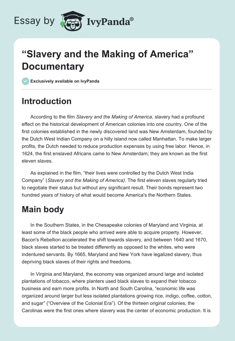 “Slavery and the Making of America” Documentary. Page 1