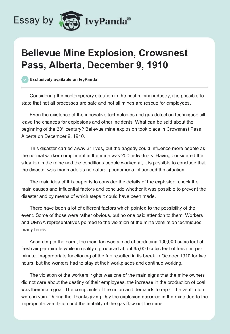 Bellevue Mine Explosion, Crowsnest Pass, Alberta, December 9, 1910. Page 1