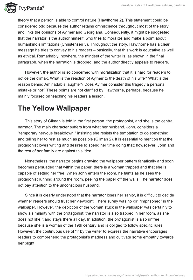 Narration Styles of Hawthorne, Gilman, Faulkner. Page 2