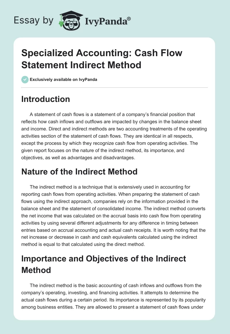 Specialized Accounting: Cash Flow Statement Indirect Method. Page 1