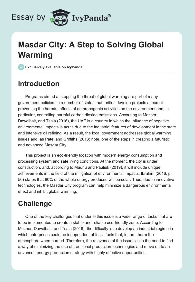 Masdar City: A Step to Solving Global Warming. Page 1