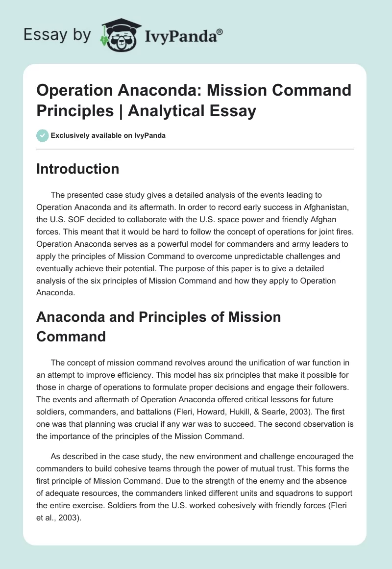 Operation Anaconda: Mission Command Principles | Analytical Essay. Page 1