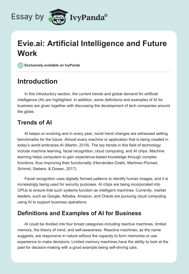 Evie.ai: Artificial Intelligence and Future Work. Page 1