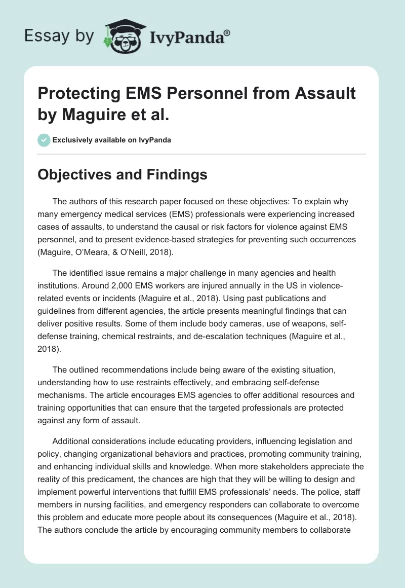 "Protecting EMS Personnel from Assault" by Maguire et al.. Page 1