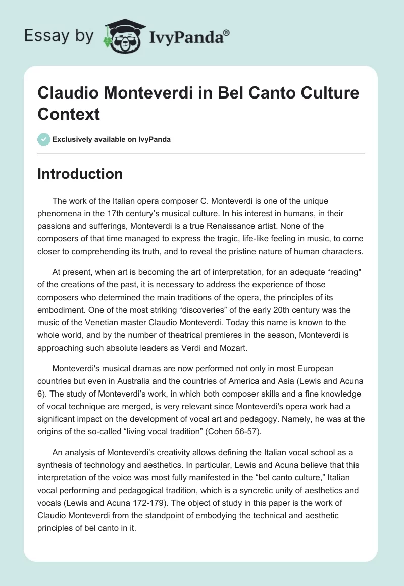 Claudio Monteverdi in Bel Canto Culture Context. Page 1