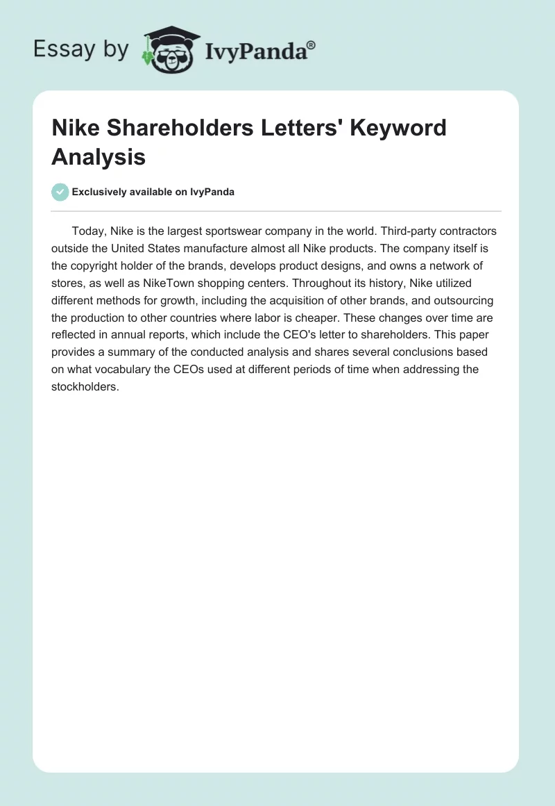 Nike Shareholders Letters' Keyword Analysis. Page 1