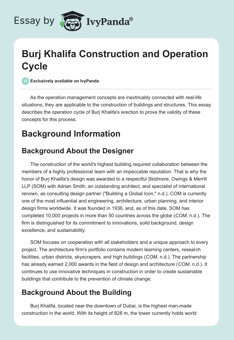 Burj Khalifa Construction and Operation Cycle. Page 1