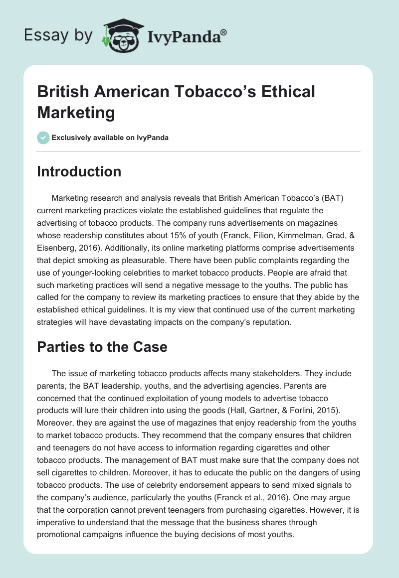 British American Tobacco’s Ethical Marketing. Page 1