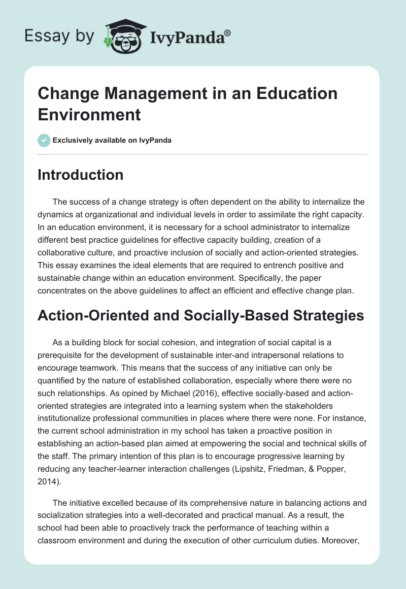 Change Management in an Education Environment. Page 1