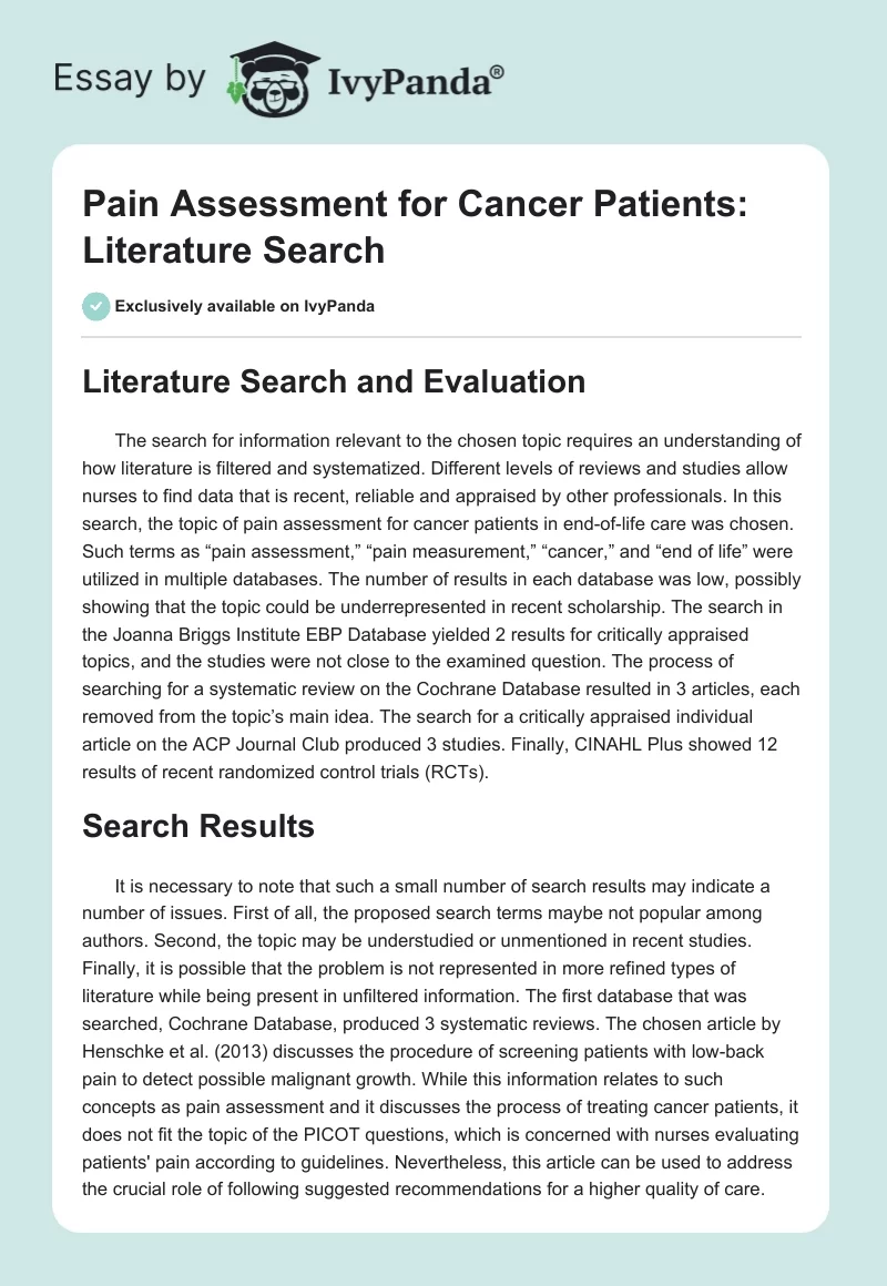 Pain Assessment for Cancer Patients: Literature Search. Page 1