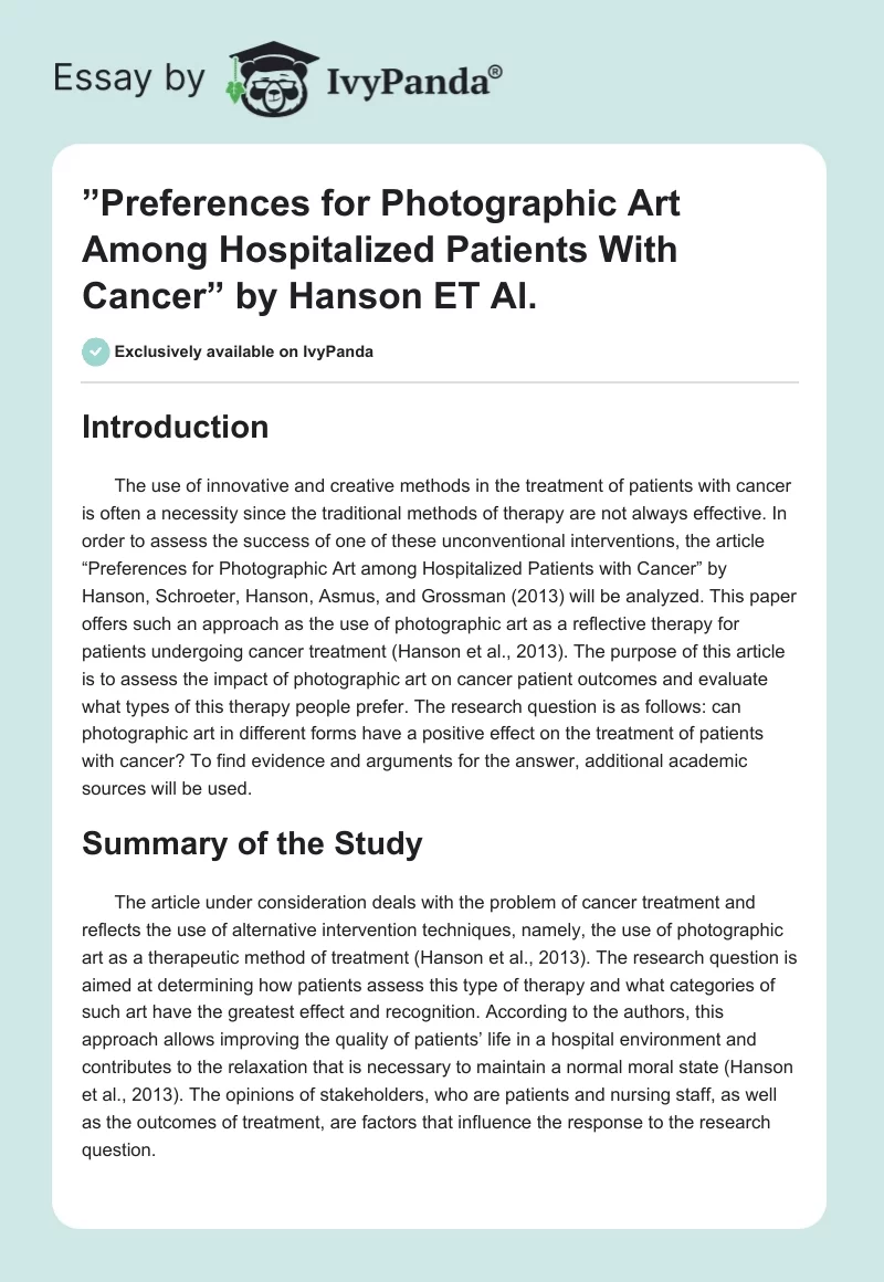 ”Preferences for Photographic Art Among Hospitalized Patients With Cancer” by Hanson ET Al.. Page 1