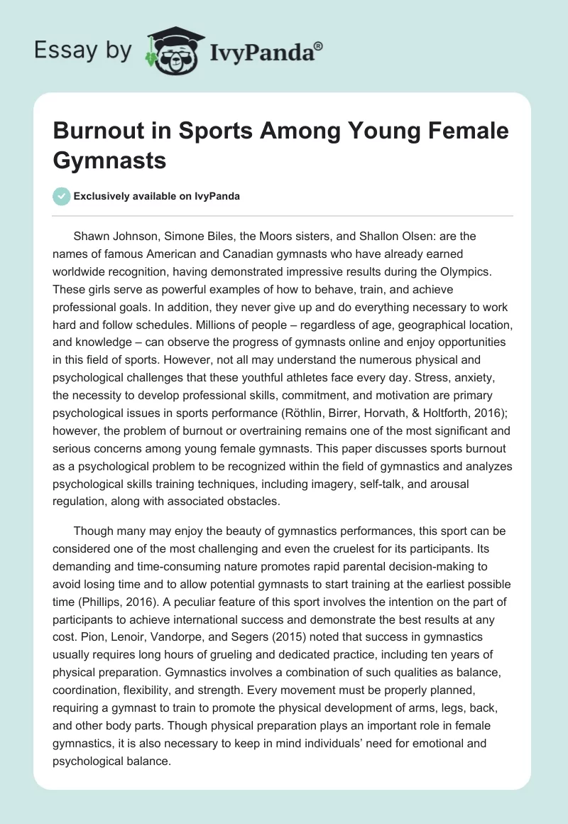 Burnout in Sports Among Young Female Gymnasts. Page 1